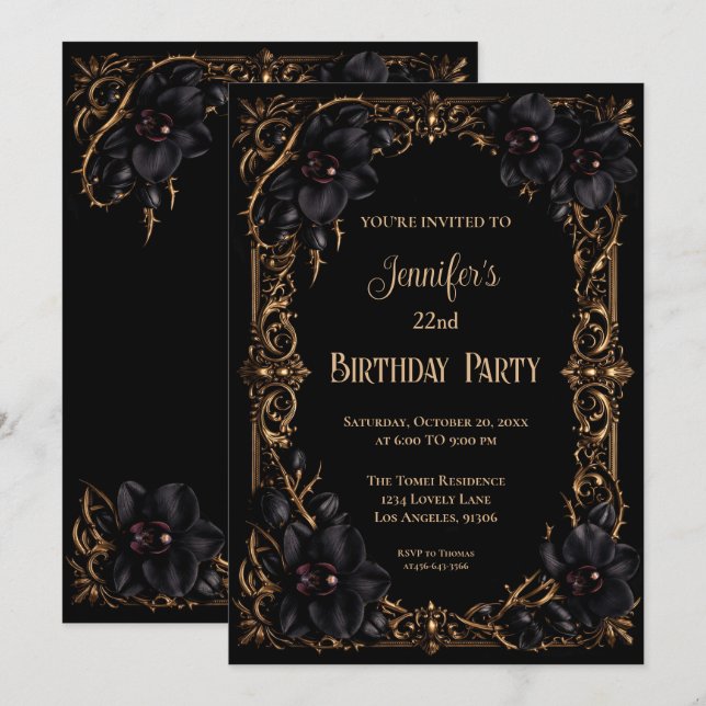 Invitation Carton d'invitation d'anniversaire floral gothique (Devant / Derrière)