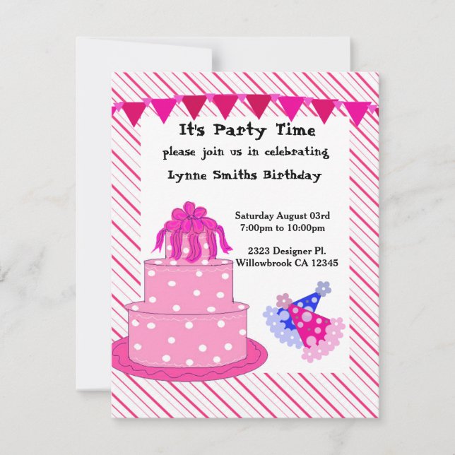 Invitation Carton d'invitation d'anniversaire Gâteau rose et  (Devant)