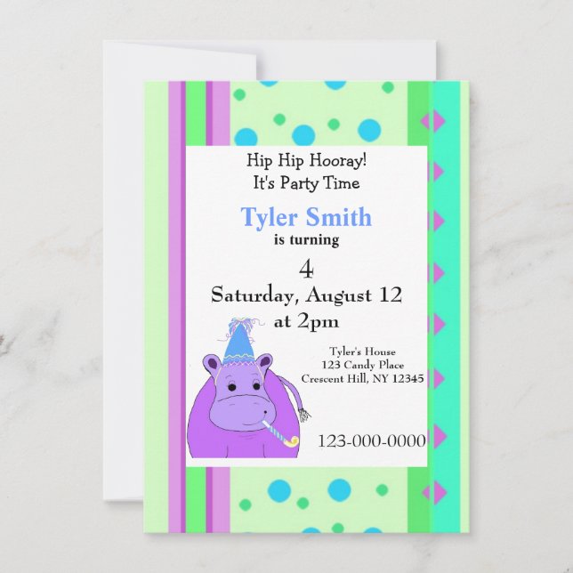 Invitation Carton d'invitation d'anniversaire hippopotame à r (Devant)