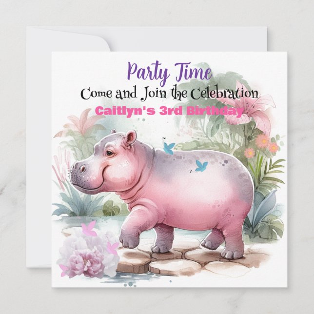 Invitation Carton d'invitation d'anniversaire Hippopotame et  (Devant)