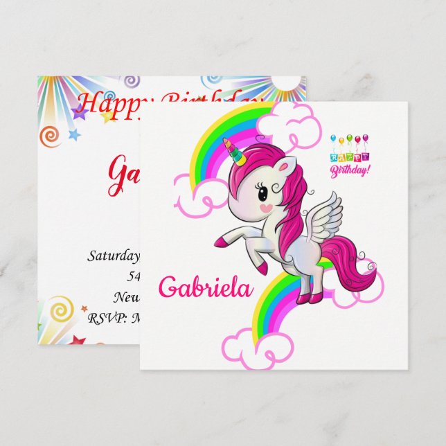 Invitation Carton d'invitation d'anniversaire Licorne (Devant / Derrière)