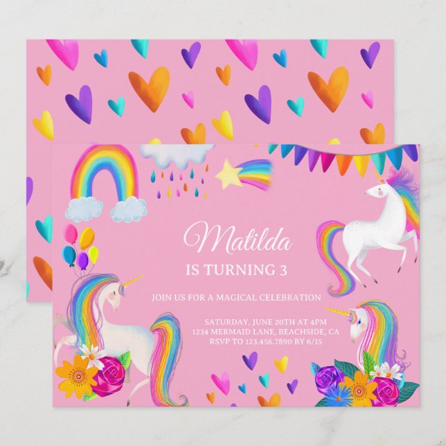 Invitation Carton d'invitation d'anniversaire licorne arc-en- (Devant / Derrière)