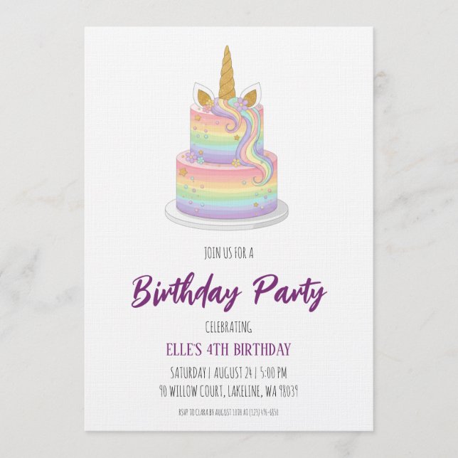 Invitation carton d'invitation d'anniversaire licorne arc-en- (Devant)