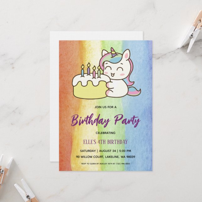 Invitation carton d'invitation d'anniversaire licorne arc-en- (Devant/Arrière en situation)