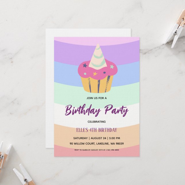Invitation carton d'invitation d'anniversaire licorne arc-en- (Devant/Arrière en situation)