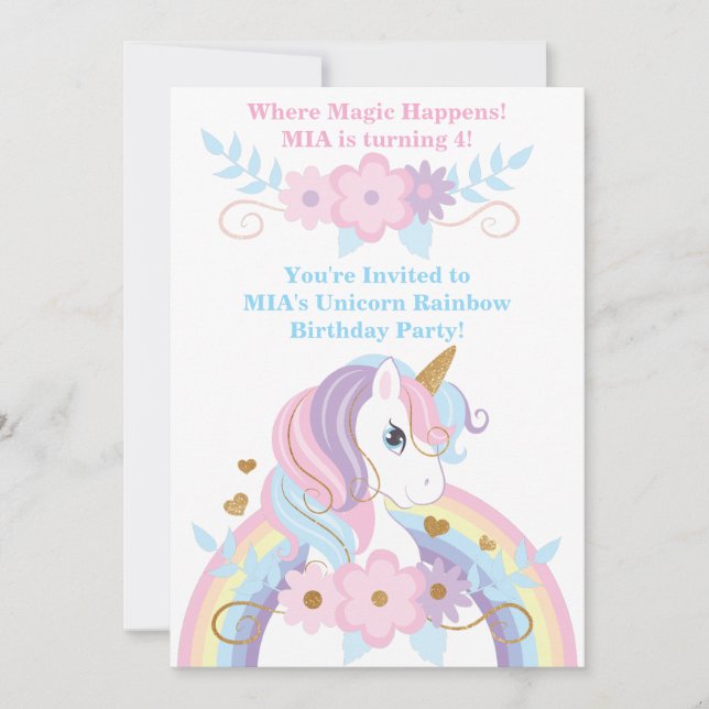 Invitation Carton d'invitation d'anniversaire Licorne Arc-en- (Devant)