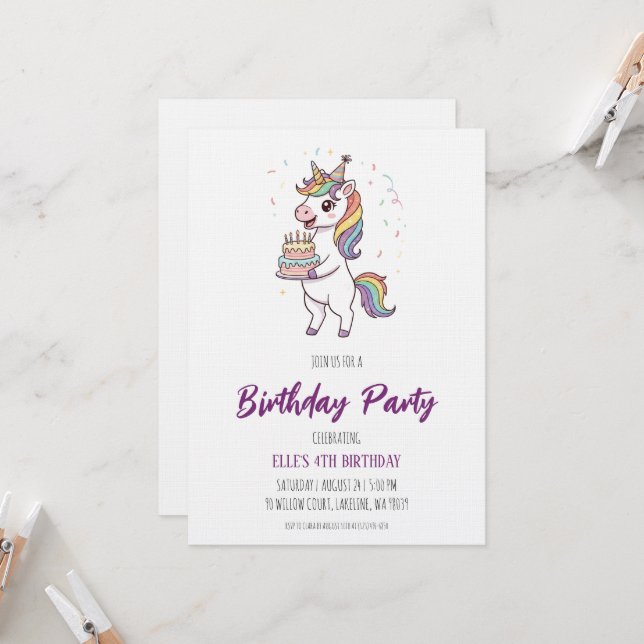 Invitation carton d'invitation d'anniversaire licorne arc-en- (Devant/Arrière en situation)