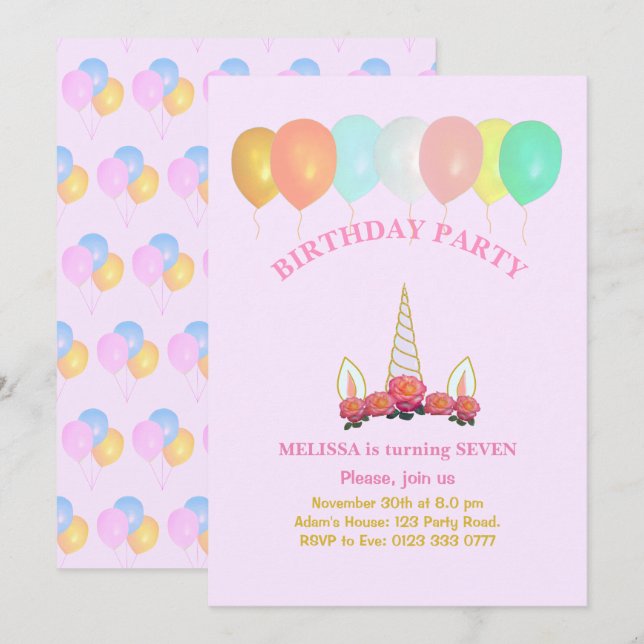 Invitation Carton d'invitation d'anniversaire Licorne & Ballo (Devant / Derrière)