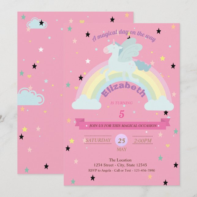 Invitation Carton d'invitation d'anniversaire Licorne, Étoile (Devant / Derrière)