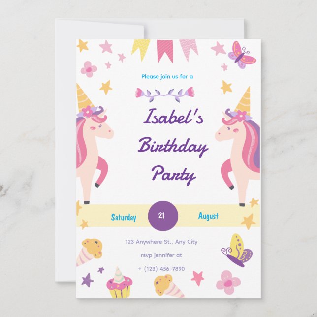 Invitation Carton d'invitation d'anniversaire licorne fantais (Devant)