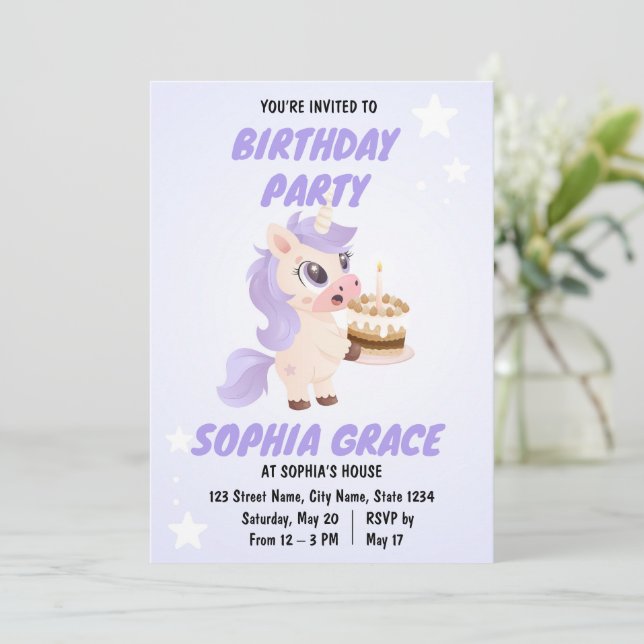 Invitation Carton d'invitation d'anniversaire licorne mignonn (Debout devant)