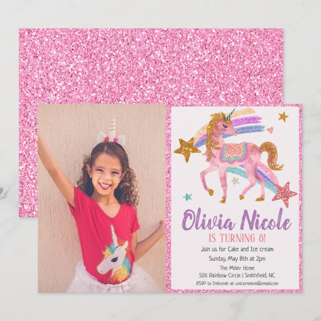 Invitation Carton d'invitation d'anniversaire licorne paillet (Devant / Derrière)