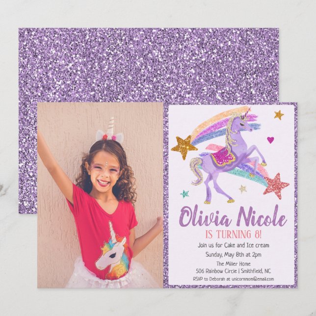 Invitation Carton d'invitation d'anniversaire licorne paillet (Devant / Derrière)