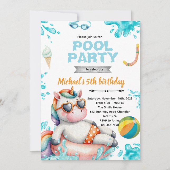 Invitation Carton d'invitation d'anniversaire Licorne Pool Pa (Devant)