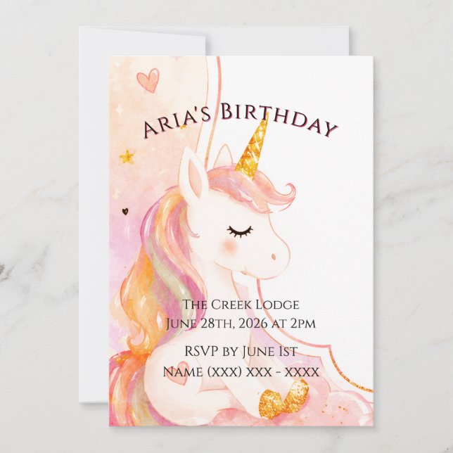 Invitation Carton d'invitation d'anniversaire licorne pour fi (Devant)