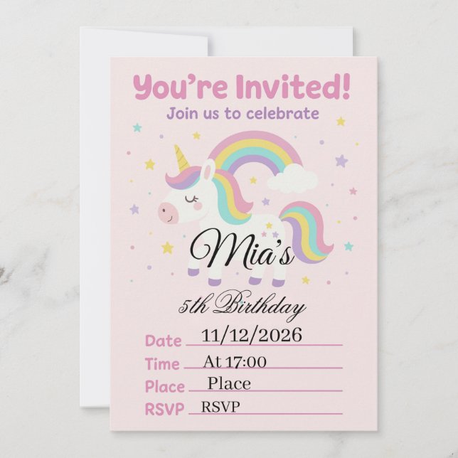 Invitation Carton d'invitation d'anniversaire Licorne Rose Ma (Devant)