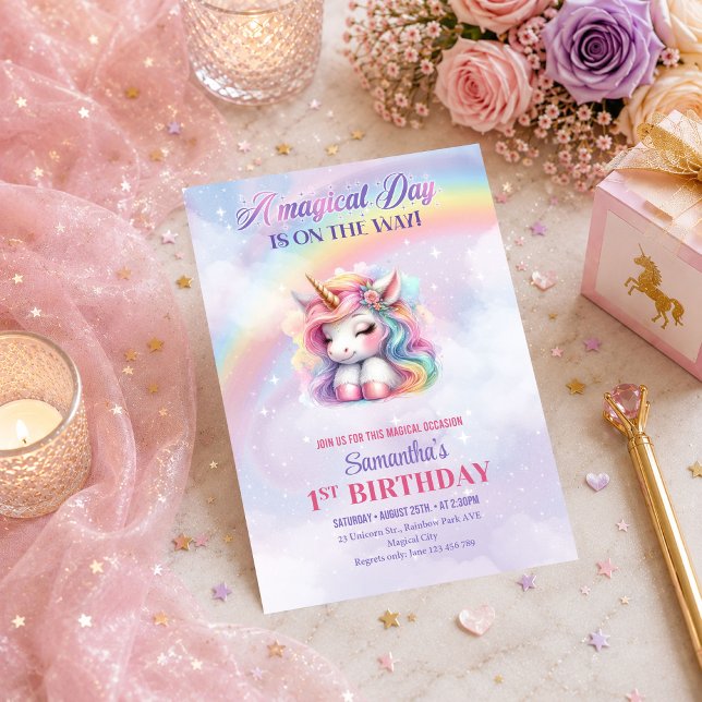 Invitation Carton d'invitation d'anniversaire licorne rose vi (Enchanted Unicorn Pink Purple Girl Birthday Invite

)