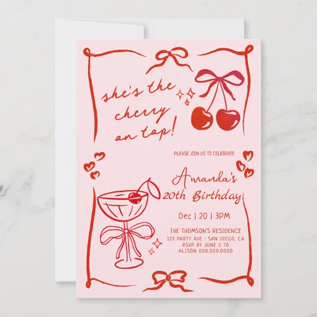 Invitation carton d'invitation d'anniversaire martini cerise  (Devant)