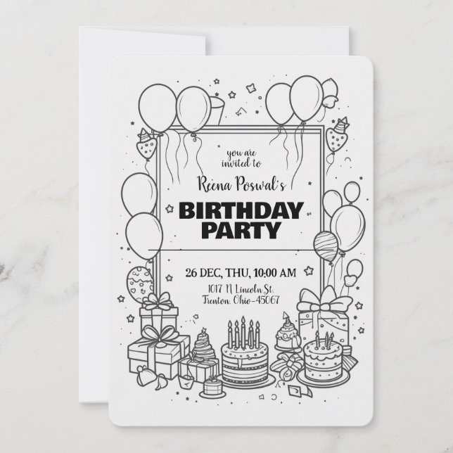 Invitation Carton d'invitation d'anniversaire noir et blanc (Devant)
