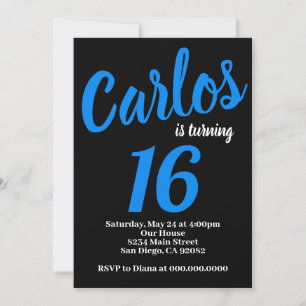 Invitation Carton d'invitation d'anniversaire noir et bleu po