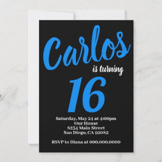 Invitation Carton d'invitation d'anniversaire noir et bleu po