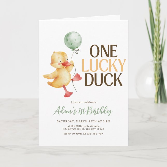 Invitation Carton d'invitation d'anniversaire One Lucky Duck, (Devant)