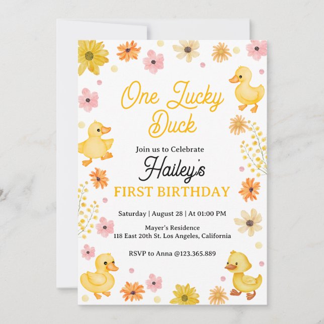 Invitation Carton d'invitation d'anniversaire One Lucky Duck (Devant)