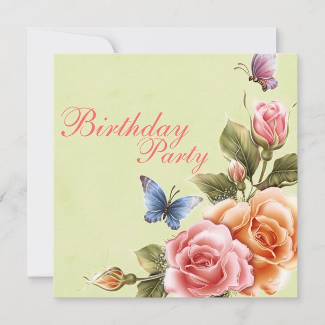 Invitation Carton d'invitation d'anniversaire Papillons et Ro (Devant)