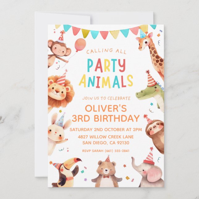 Invitation Carton d'invitation d'anniversaire Party Animals (Devant)
