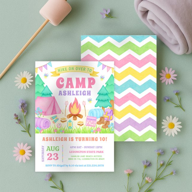Invitation Carton d'invitation d'anniversaire pastel pour fil (Girly Pastel Camping Birthday Invitation)