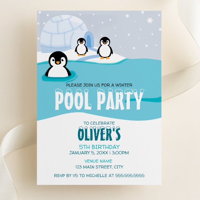 Invitation Carton d'invitation d'anniversaire Penguins Winter (Penguins Winter Pool Party Birthday Invitation)