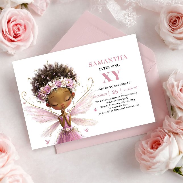 Invitation Carton d'invitation d'anniversaire pour fille avec (Whimsical Black Skin Fairy Girl Birthday Invite)