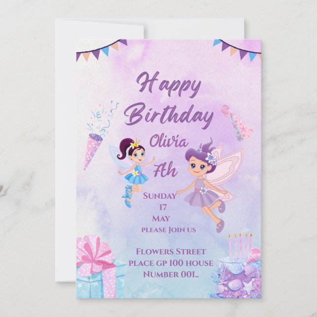 Invitation Carton d'invitation d'anniversaire pour filles Fée (Devant)