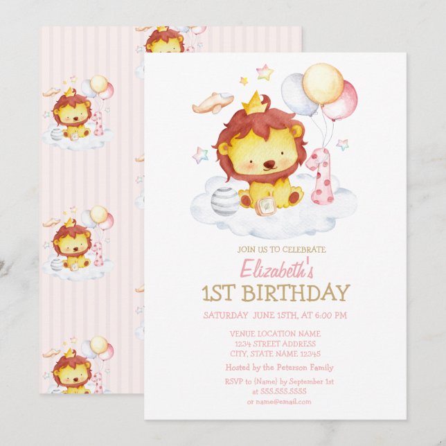 Invitation Carton d'invitation d'anniversaire rayé bébé lion  (Devant / Derrière)