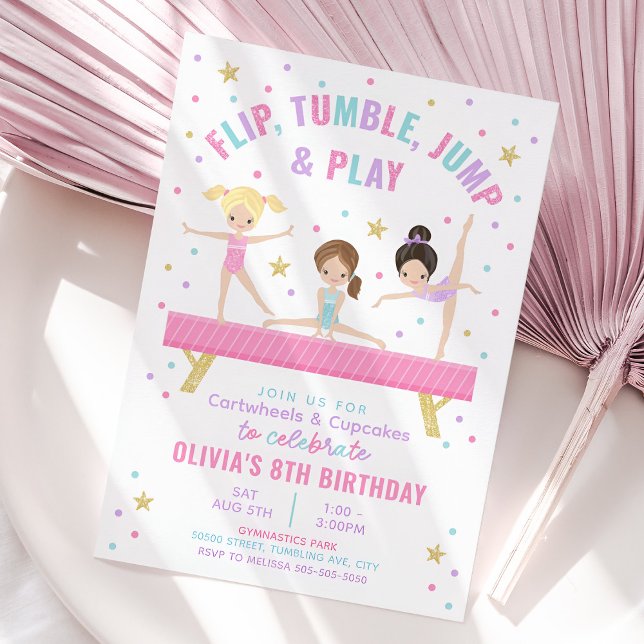 Invitation Carton d'invitation d'anniversaire Rose pour une G (Gymnastics Party Invitation)