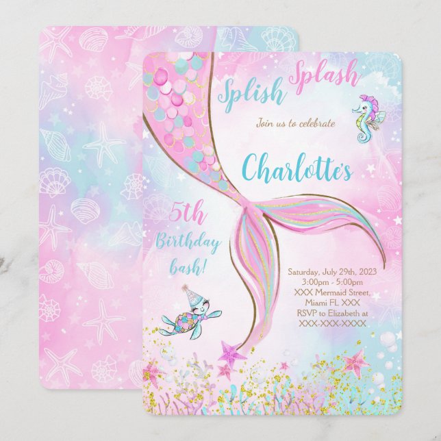 Invitation Carton d'invitation d'anniversaire Sirène rose (Devant / Derrière)