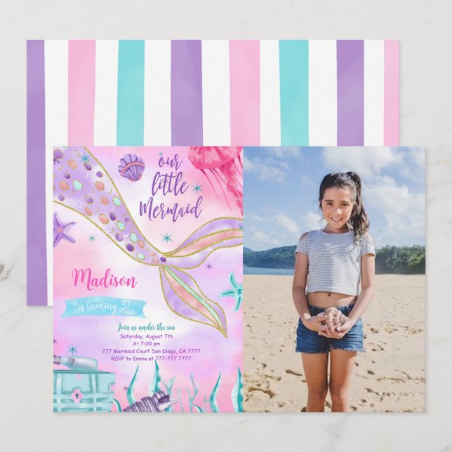 Invitation Carton d'invitation d'anniversaire Sirène Violette (Devant / Derrière)