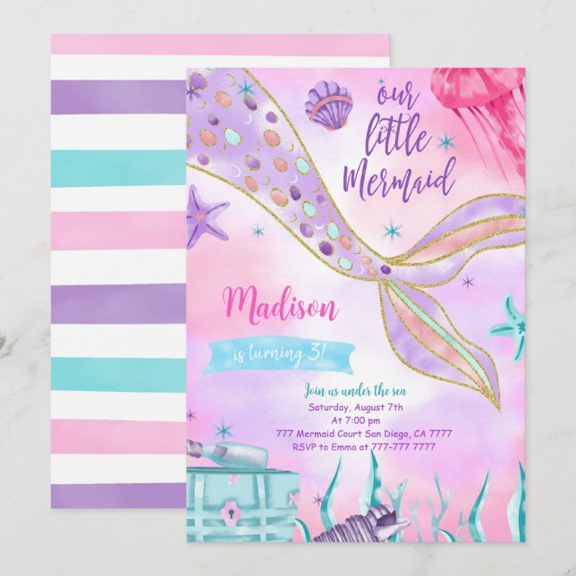 Invitation Carton d'invitation d'anniversaire Sirène Violette (Devant / Derrière)