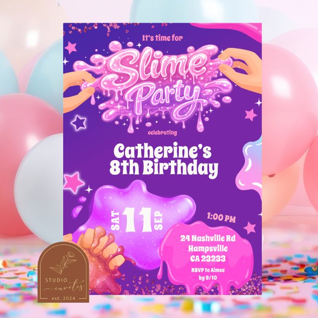 Invitation Carton d'invitation d'anniversaire Slime Rose Viol (Créateur téléchargé)