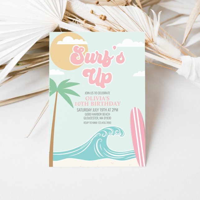 Invitation Carton d'invitation d'anniversaire Surfs Up Pink B (Créateur téléchargé)
