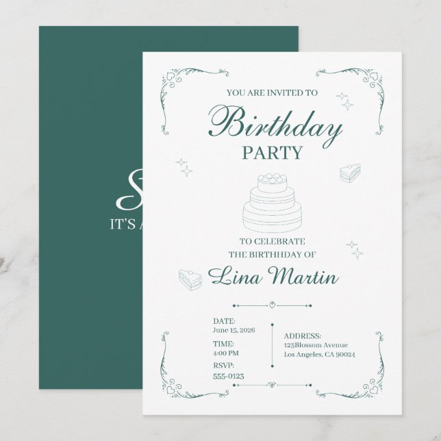 Invitation Carton d'invitation d'anniversaire vert sauge fonc (Devant / Derrière)