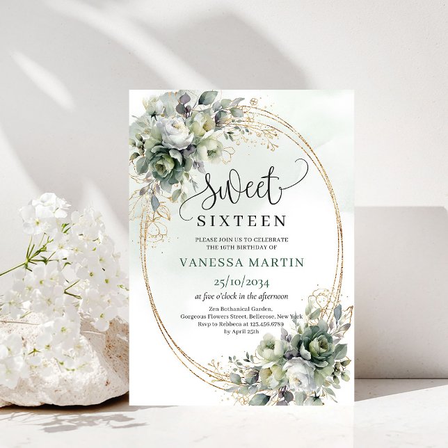 Invitation Carton d'invitation de 16e anniversaire botanique  (Dusty Green Botanical Sweet 16 Birthday Invitation)
