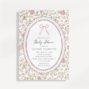Invitation Carton d'invitation de baby shower à ruban rose fl