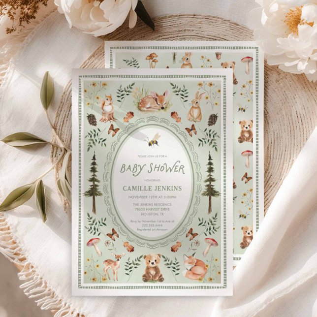 Invitation Carton d'invitation de baby shower Vert Sauge Forê (Sage Green Woodland Baby Shower Invitation)