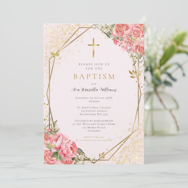 Invitation Carton d'invitation de baptême de bébé fille aux f (Debout devant)