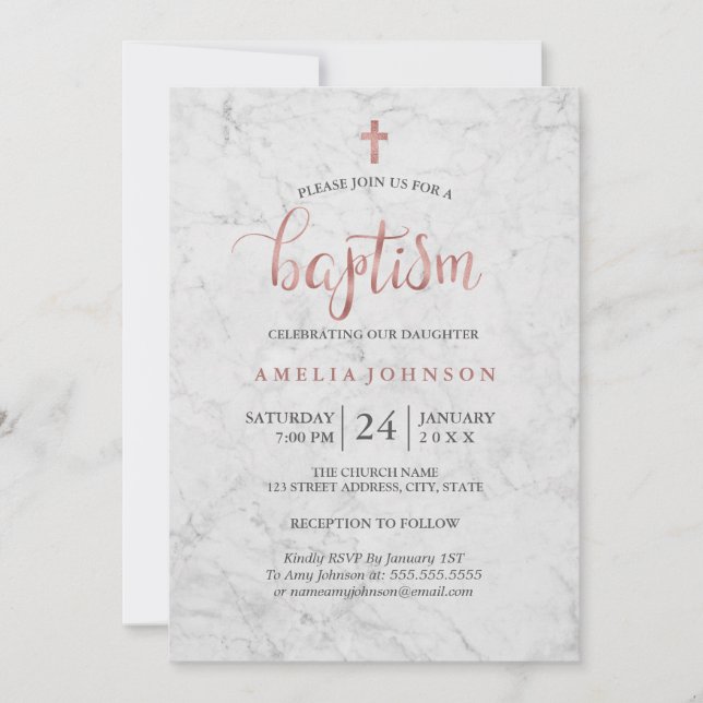 Invitation Carton d'invitation de baptême en marbre et or ros (Devant)