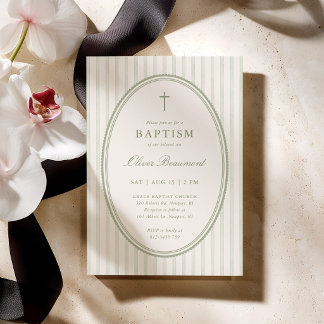 Invitation Carton d'invitation de baptême rayé vert sauge