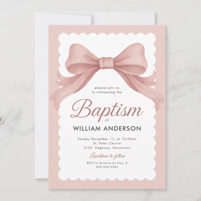 Invitation Carton d'invitation de baptême rose avec un nœud é (Devant)