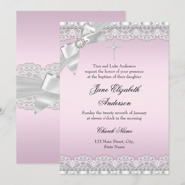 Invitation Carton d'invitation de baptême rose en dentelle de (Devant / Derrière)
