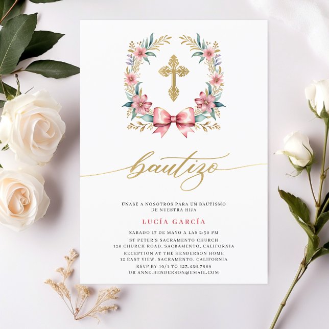 Invitation Carton d'invitation de baptême rose et or espagnol (Créateur téléchargé)